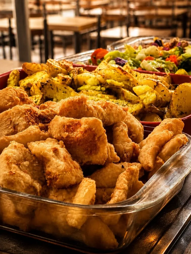 Buffet — frango empanado e batatas